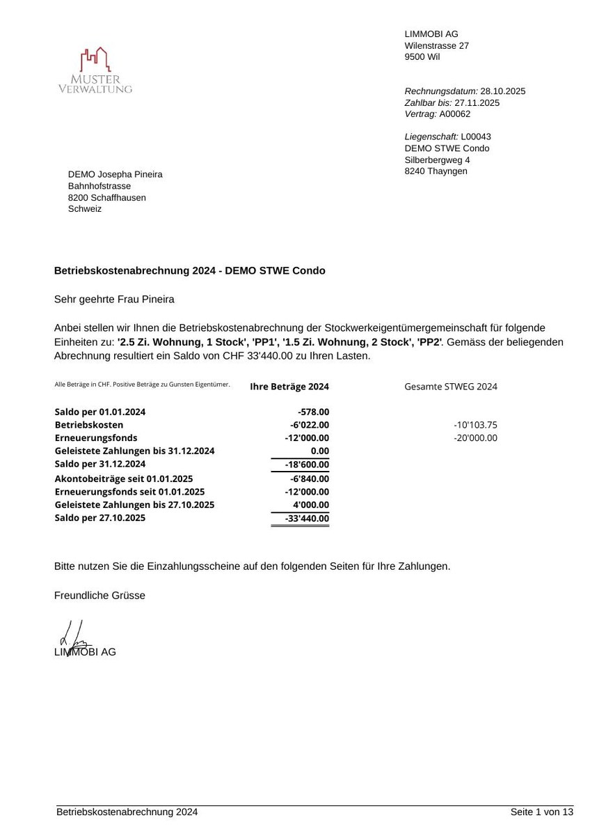 First page of an owner’s personal operating cost statement, with her share of operating costs and the renewal fund and the balance due