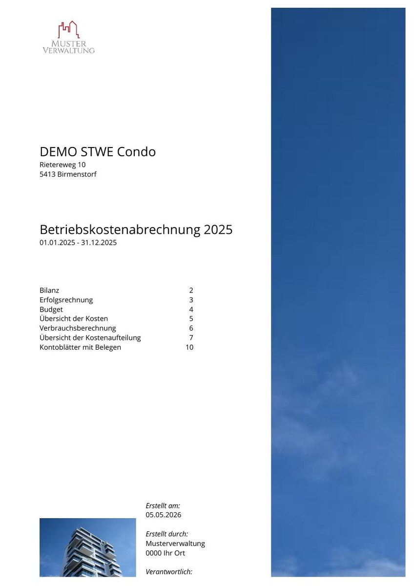 Cover page of the 2025 operating cost statement for the audit of a condominium owners’ association, with a table of contents from the balance sheet to the account sheets with receipts