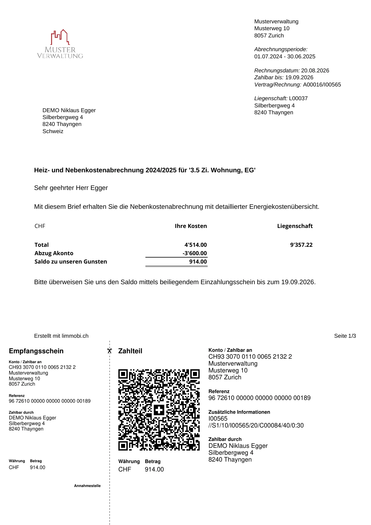 First page of a heating and ancillary cost statement for a 3.5-room flat, with the tenant’s costs, the payments on account, the balance and a QR payment slip