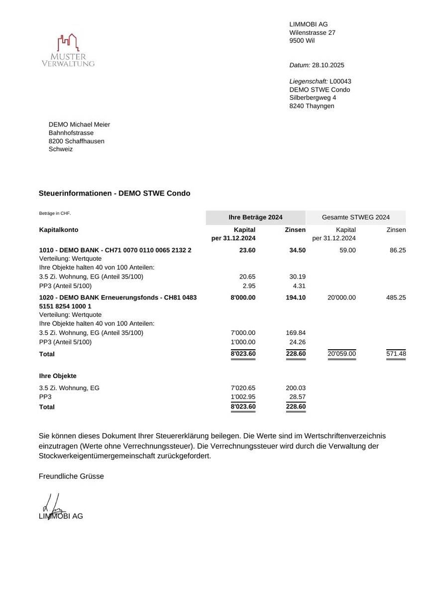 Tax information from the condominium owners’ association for one owner, with the capital and interest of the bank accounts and his share per unit