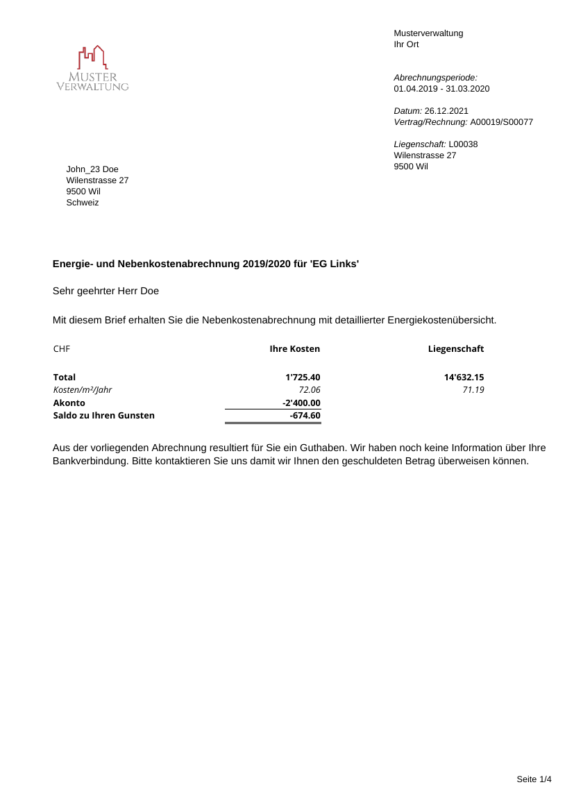 First page of an energy and ancillary cost statement for a flat in a ZEV, with costs per square metre, payments on account and the tenant’s credit